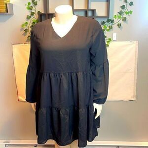Flowy Swing Black‎ long sleeve babydoll Tunic Vneck dress Size XL
